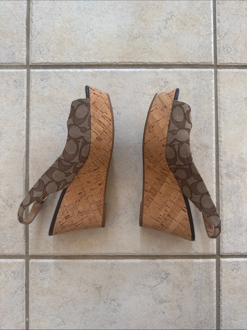 COACH Brown Signature Canvas Peep-Toe Slingback Wedges - Picture 3 of 10